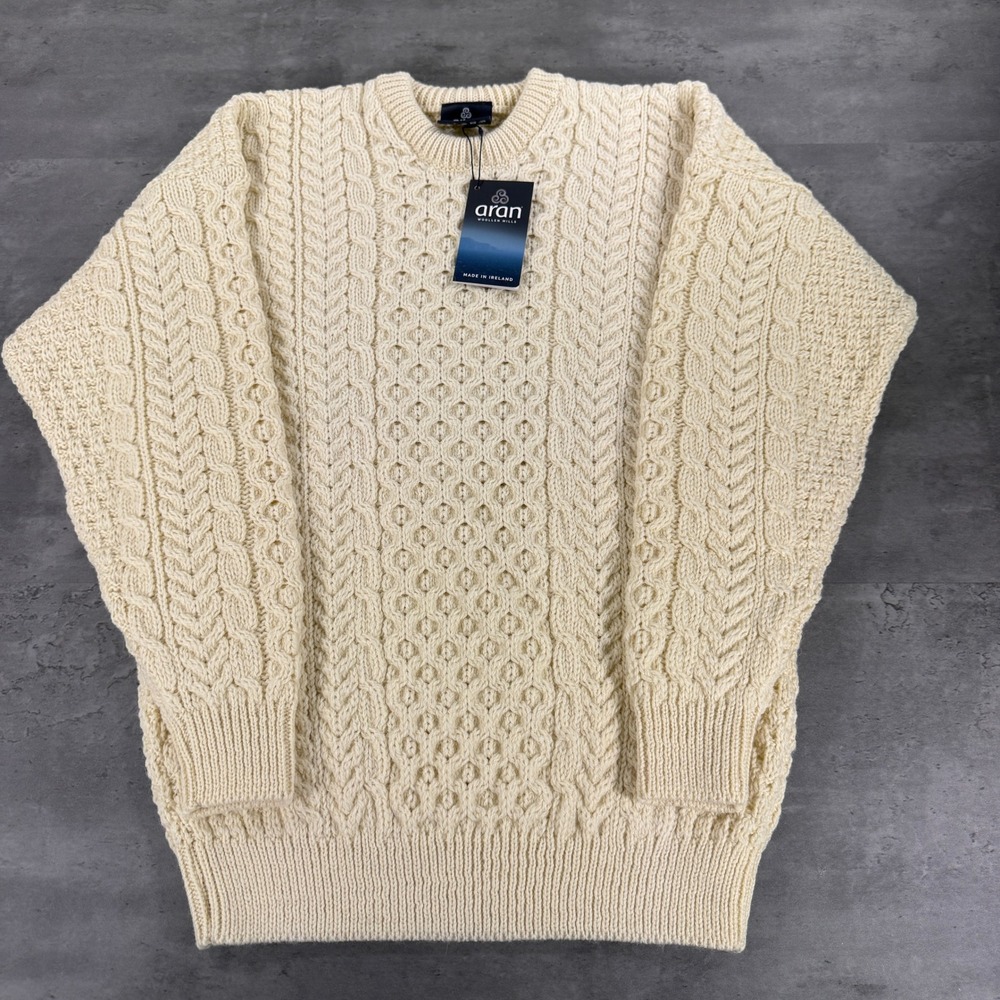 Aran Woollen Mills Sweater Mens M Cream Merino Wool Made in Ireland Chunky Knit